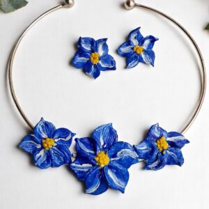 Handmade Blue Floral Hasuli Necklace with Earrings – Clay Jewelry Set