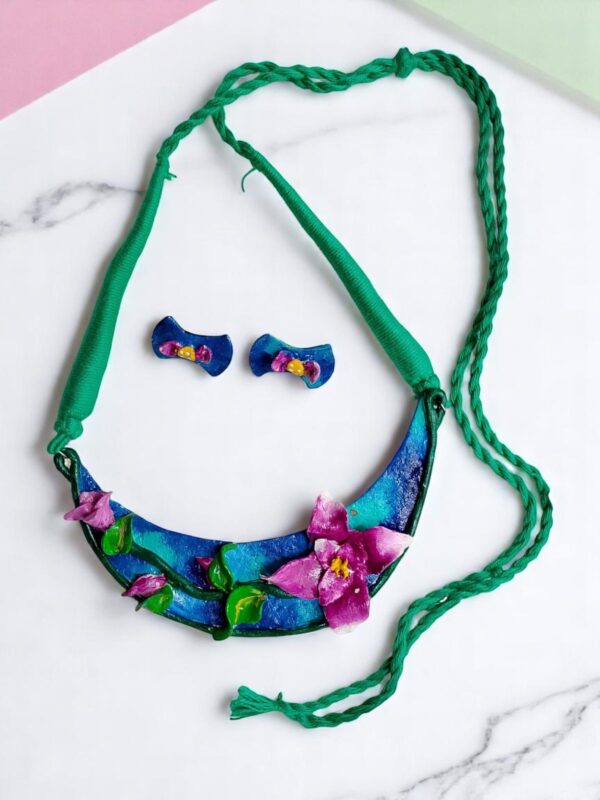 Handcrafted Clay Necklace & Earring Set – Purple Blossom