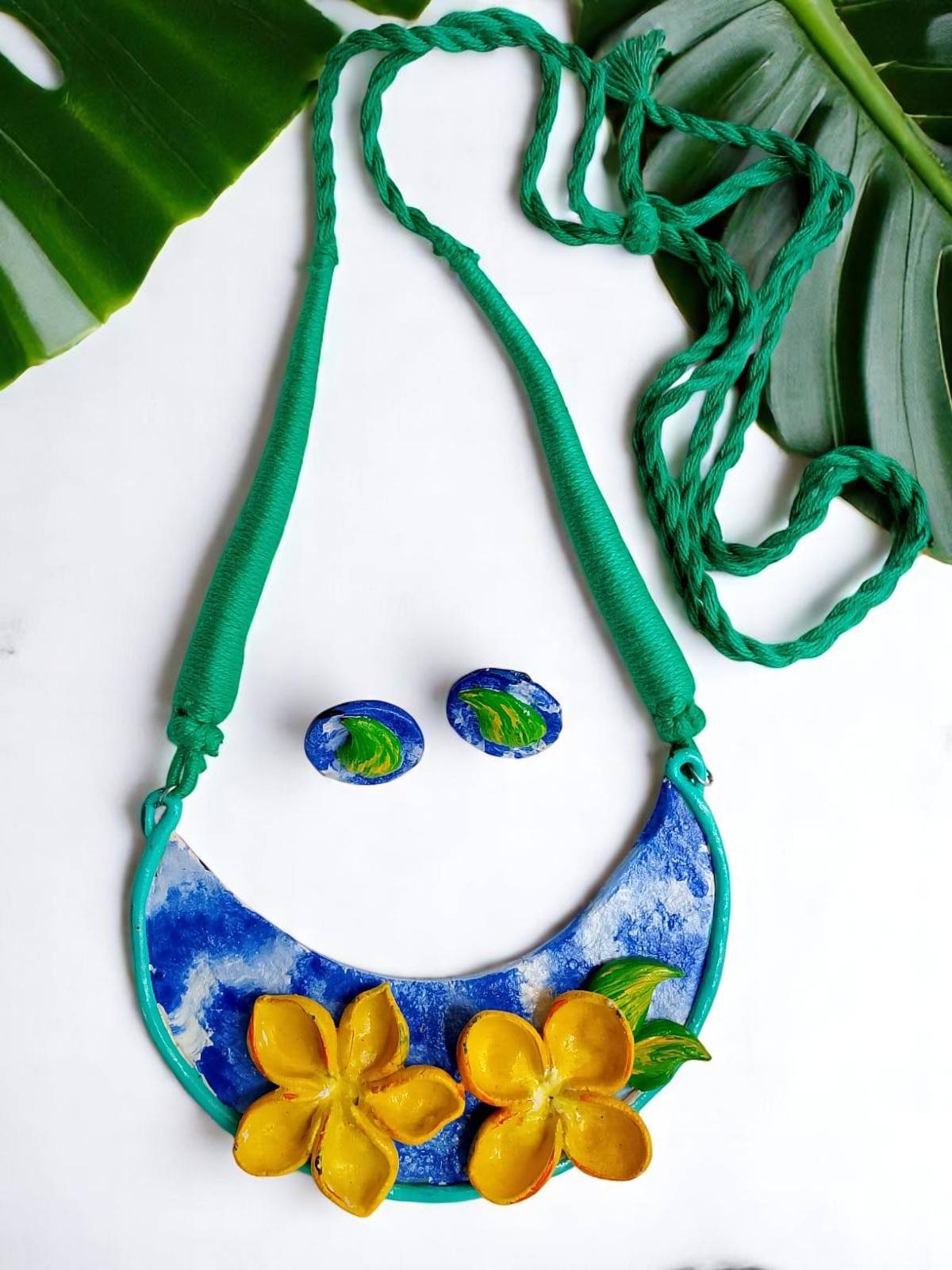 Yellow Flower Handmade Clay Necklace & Earring Set - Image 2