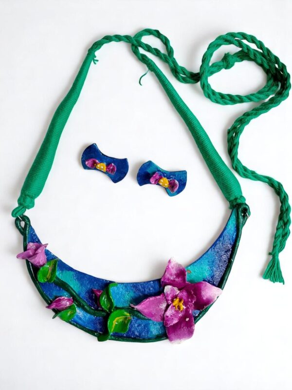 Handcrafted Clay Necklace & Earring Set – Purple Blossom - Image 2