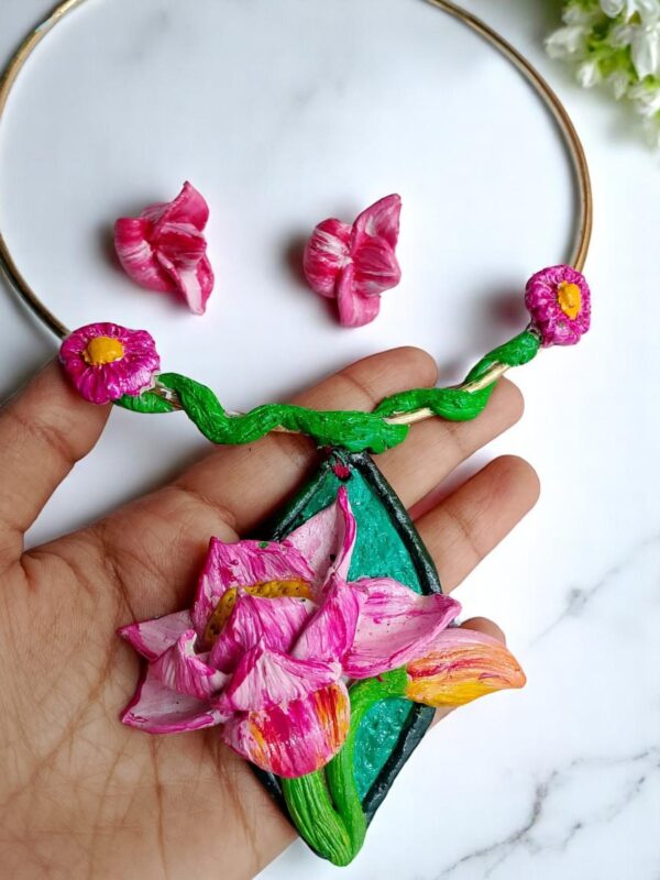 Handmade Floral Choker Necklace & Earring Set – Lotus Bloom - Image 3