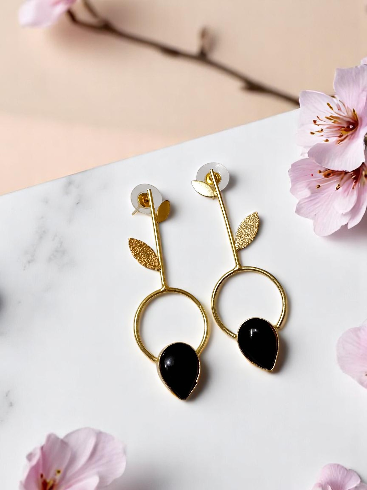 Minimalist Leaf Motif Drop Earrings with Teardrop Stone - Image 2