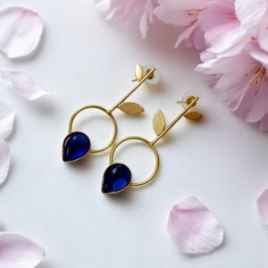 Minimalist Leaf Motif Drop Earrings with Teardrop Stone