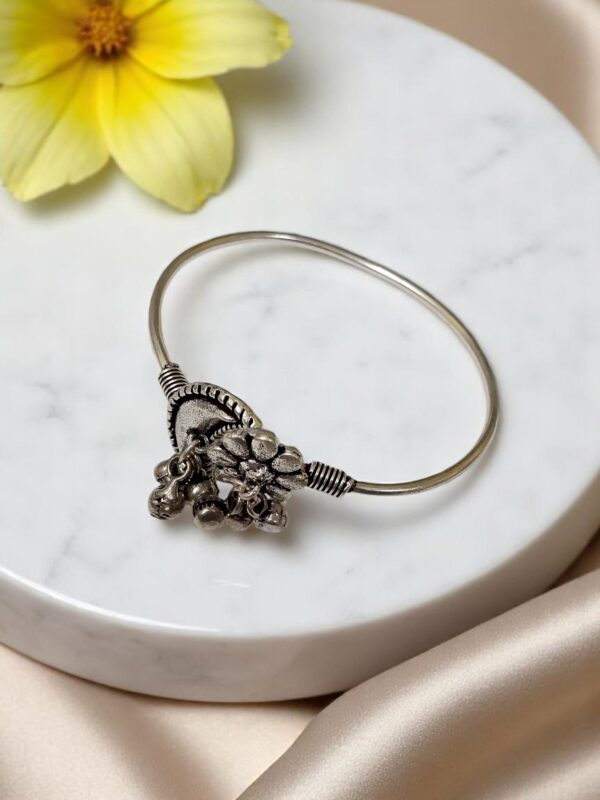 Floral Crescent German Silver Bangle with Dangling Ghungroos - Image 2