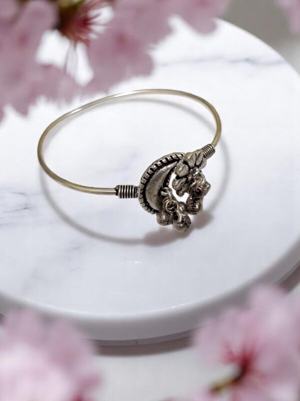 Floral Crescent German Silver Bangle with Dangling Ghungroos