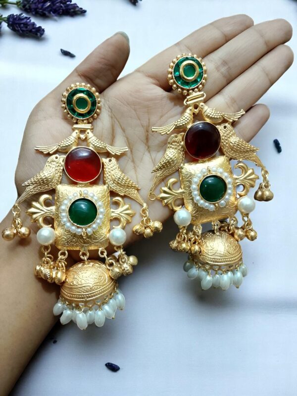 Gold-Plated Bird Motif Jhumka Earrings