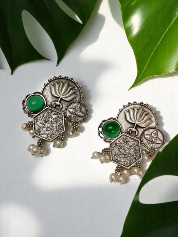 Antique Lotus Motif Stud Earrings with Pearl Detailing - Image 6