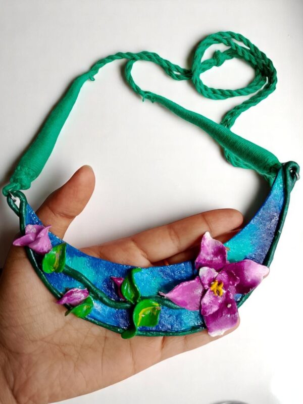 Handcrafted Clay Necklace & Earring Set – Purple Blossom - Image 3