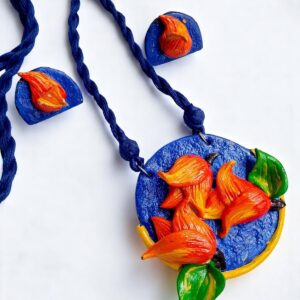 Handmade Clay Necklace & Earrings Set – Fiery Floral Design