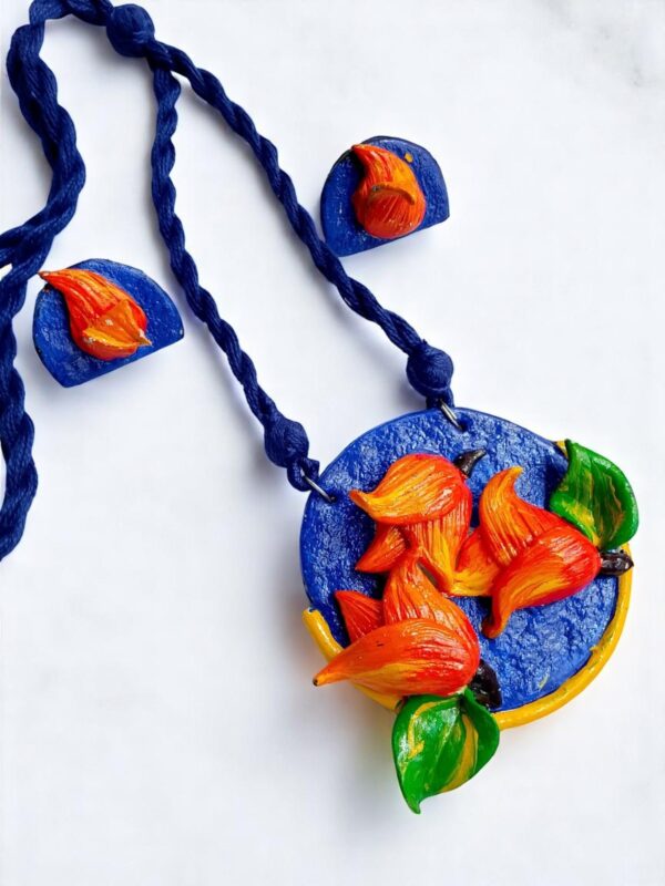 Handmade Clay Necklace & Earrings Set – Fiery Floral Design