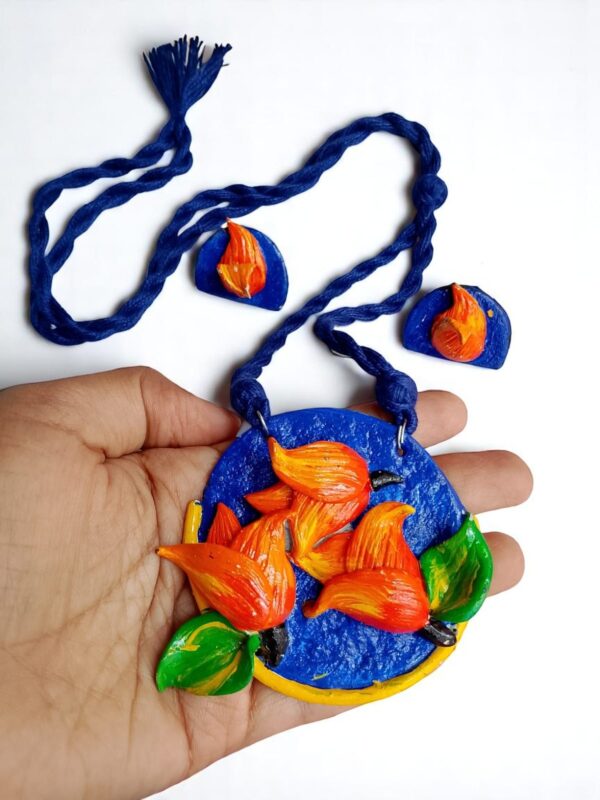 Handmade Clay Necklace & Earrings Set – Fiery Floral Design - Image 3