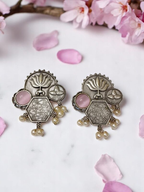 Antique Lotus Motif Stud Earrings with Pearl Detailing - Image 5