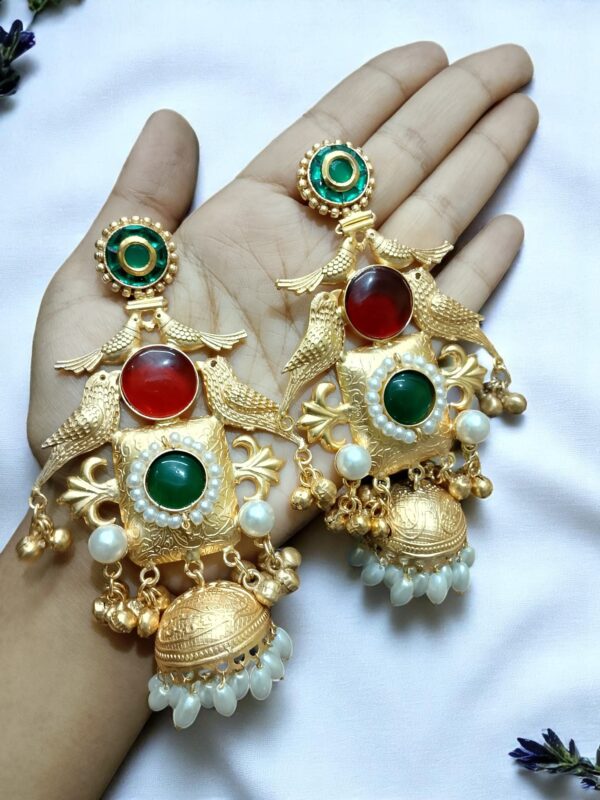 Gold-Plated Bird Motif Jhumka Earrings - Image 2
