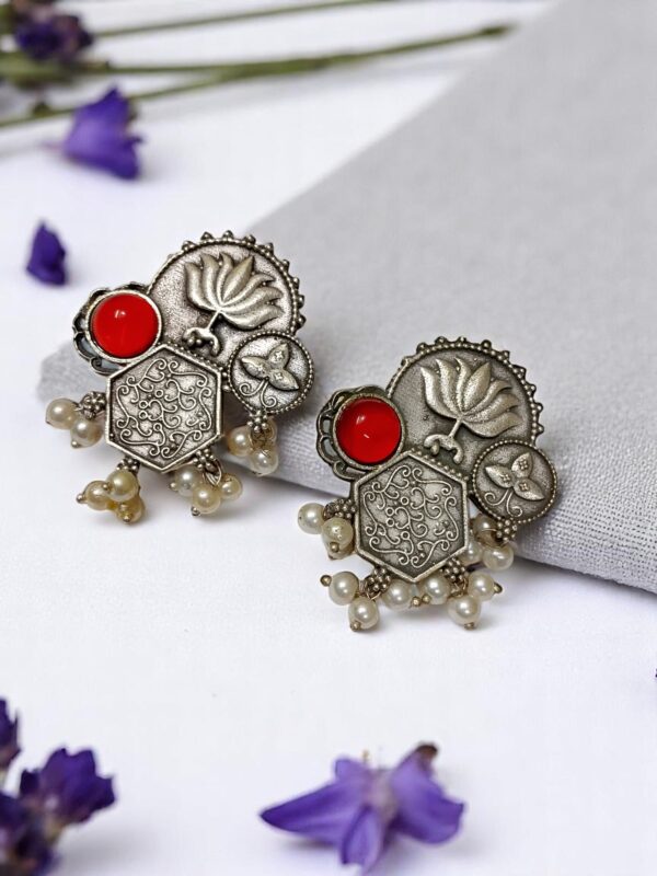 Antique Lotus Motif Stud Earrings with Pearl Detailing - Image 2