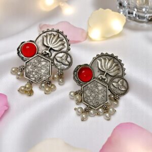 Antique Lotus Motif Stud Earrings with Pearl Detailing