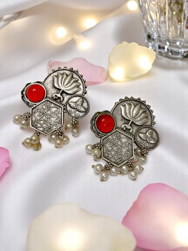 Antique Lotus Motif Stud Earrings with Pearl Detailing
