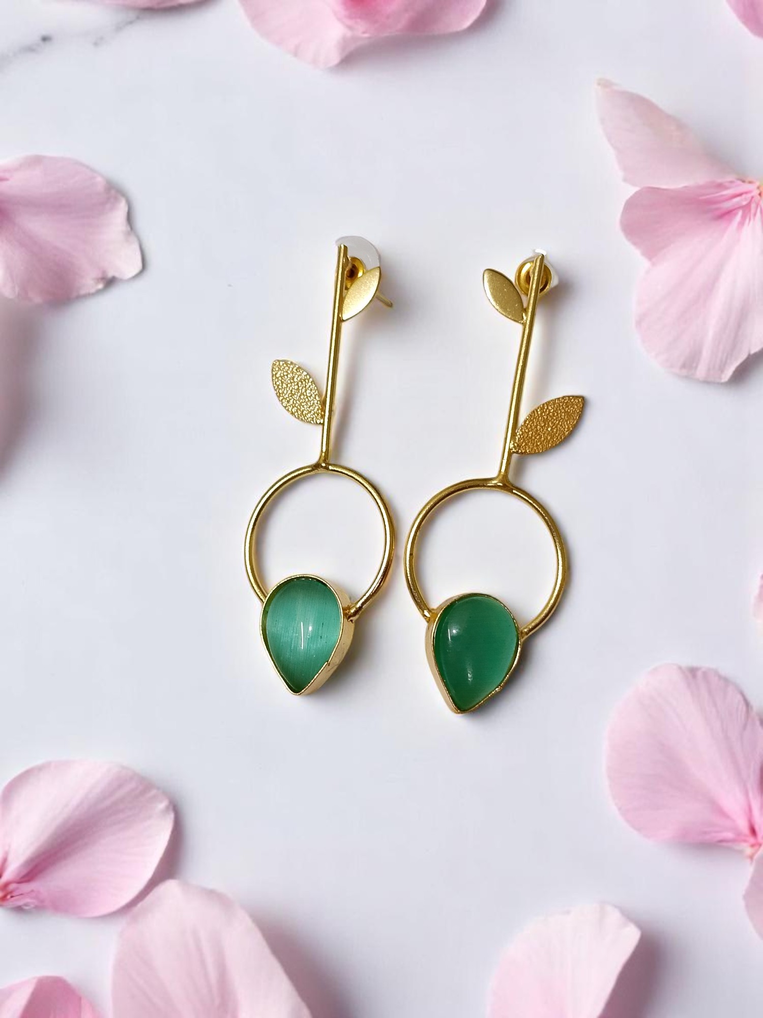 Minimalist Leaf Motif Drop Earrings with Teardrop Stone - Image 3