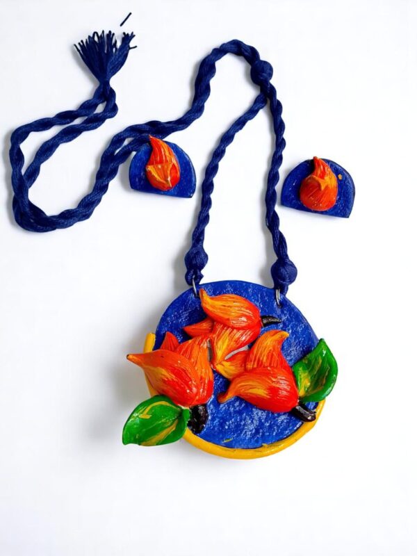 Handmade Clay Necklace & Earrings Set – Fiery Floral Design - Image 2