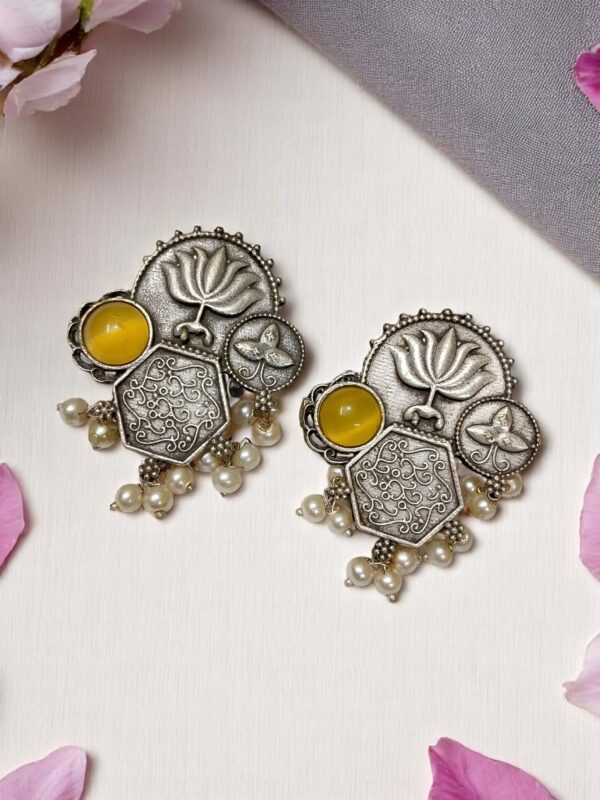 Antique Lotus Motif Stud Earrings with Pearl Detailing - Image 4