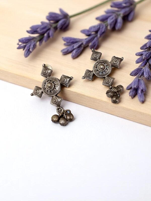 Square Stud Oxidised Jhumka Earrings - Image 3