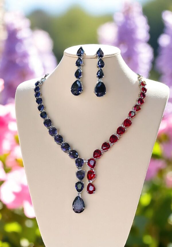 Striking Blue & Red AD Stone Necklace Set with Earrings