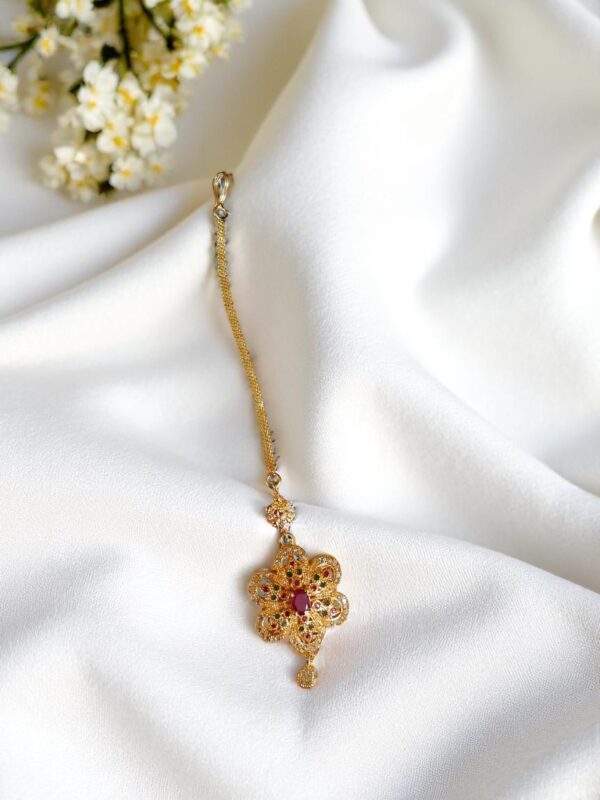Traditional Golden Floral Maangtikka with Multicolor Stones