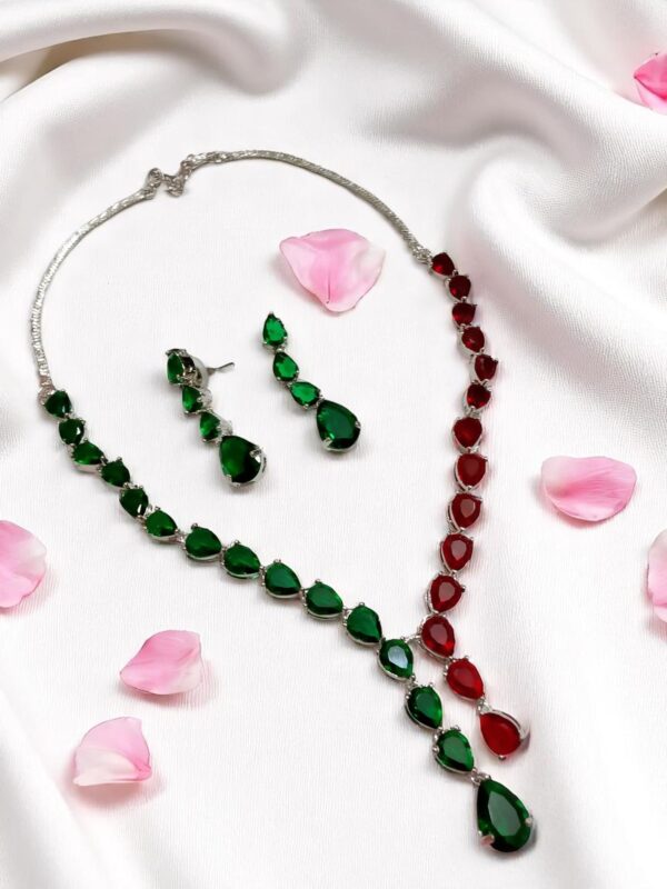 Striking Green & Red AD Stone Necklace Set with Earrings - Image 2