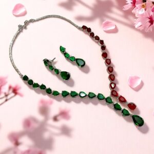 Striking Green & Red AD Stone Necklace Set with Earrings