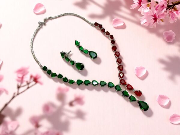 Striking Green & Red AD Stone Necklace Set with Earrings