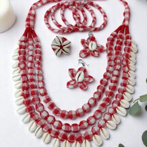 Handmade Red & White Cotton Fabric Jewelry Set with Cowrie Shells (Necklace, Ring, Earrings)