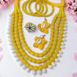 Handmade Yellow Cotton Fabric Jewelry Set with Cowrie Shells (Necklace, Ring, Earrings & Bangles)