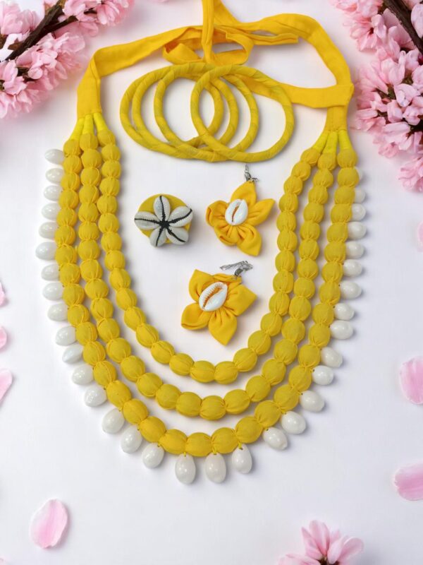 Handmade Yellow Cotton Fabric Jewelry Set with Cowrie Shells (Necklace, Ring, Earrings & Bangles)
