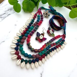 Handmade Multicolor Cotton Fabric Jewelry Set with Cowrie Shells (Necklace, Earrings, Ring & Bangles)