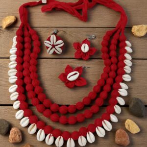 Handmade Red Cotton Fabric Jewelry Set with Cowrie Shells (Necklace, Ring, Earrings)