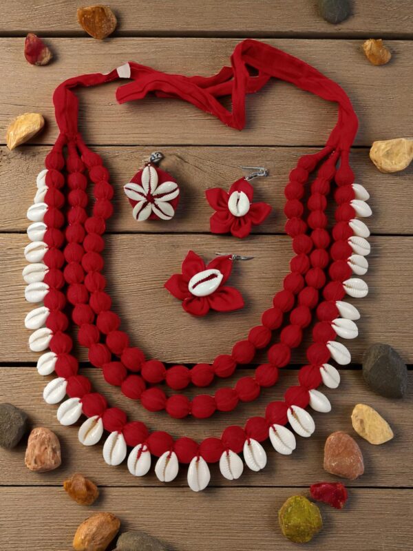 Handmade Red Cotton Fabric Jewelry Set with Cowrie Shells (Necklace, Ring, Earrings)