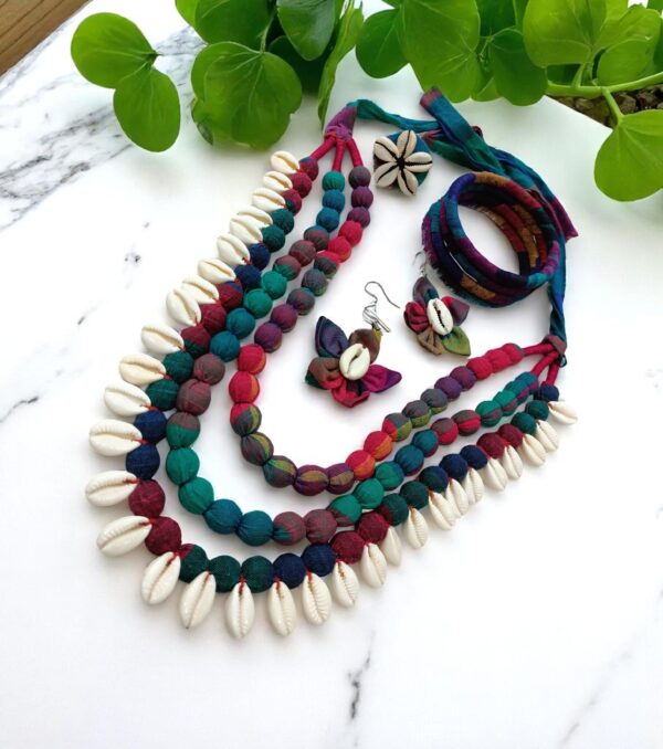 Handmade Multicolor Cotton Fabric Jewelry Set with Cowrie Shells (Necklace, Earrings, Ring & Bangles)