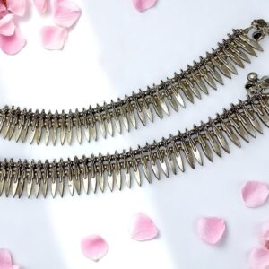 Traditional Oxidised Silver Plated Anklet with Leaf Danglers