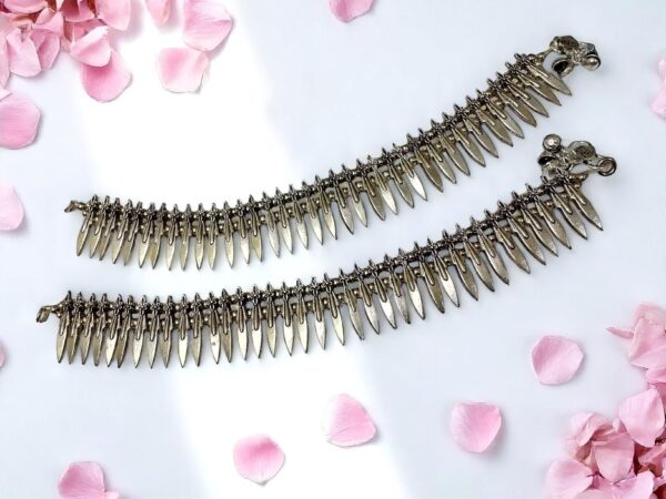 Traditional Oxidised Silver Plated Anklet with Leaf Danglers