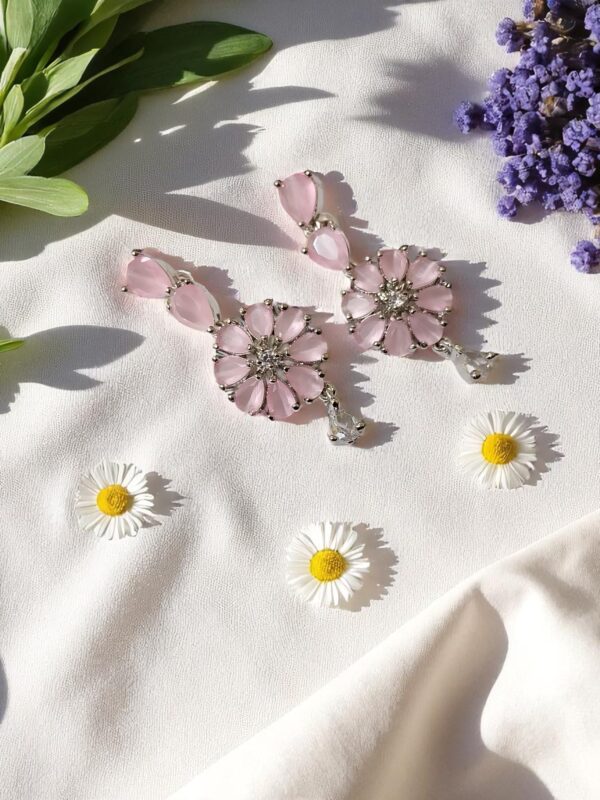 Pink Flower Stone Earring Pair - Image 2