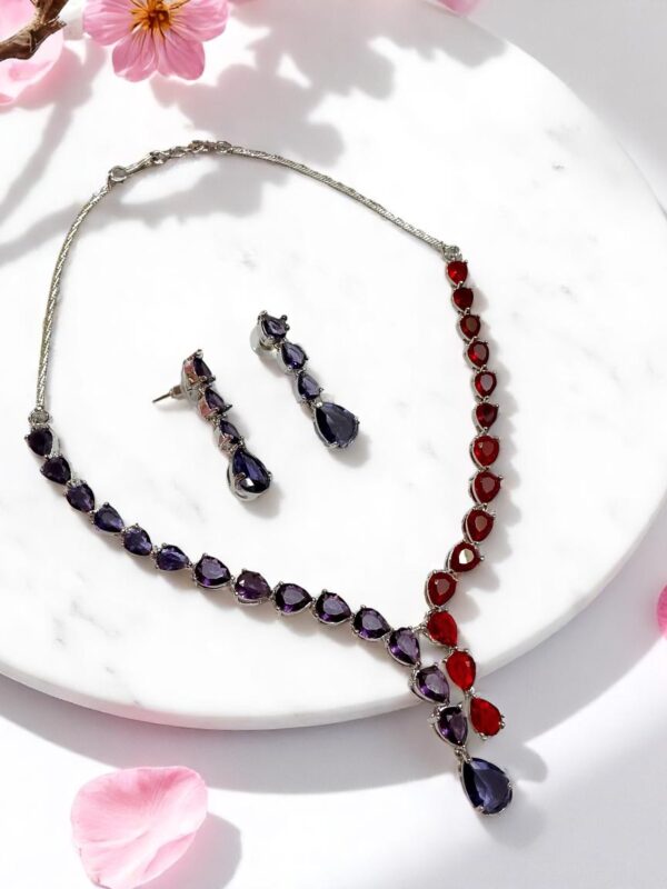 Striking Purple & Red AD Stone Necklace Set with Earrings - Image 2