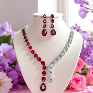 Striking Red & White AD Stone Necklace Set with Earrings