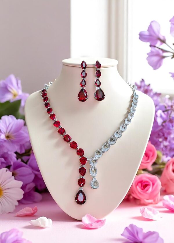 Striking Red & White AD Stone Necklace Set with Earrings