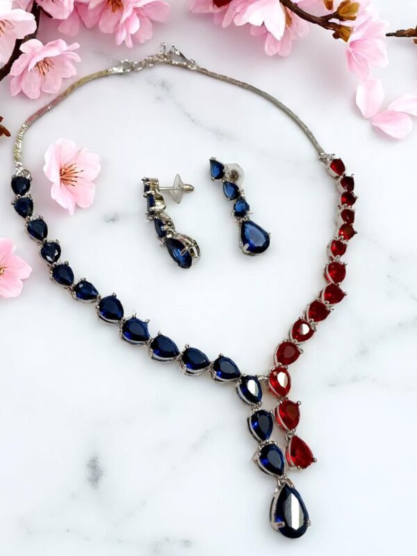 Striking Blue & Red AD Stone Necklace Set with Earrings - Image 2