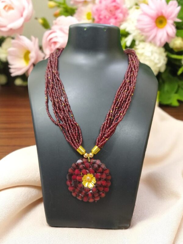Maroon Beads Necklace with Flower Pendent - Image 2