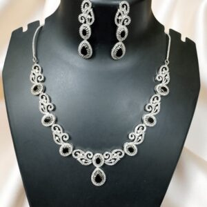 Black AD Stone Necklace With Earring Pair