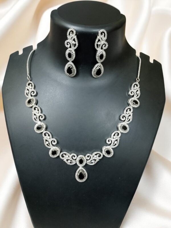 Black AD Stone Necklace With Earring Pair