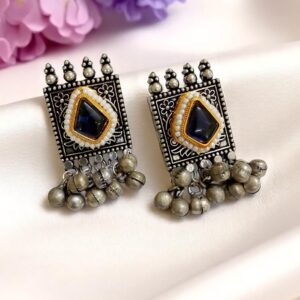 Blue Stone Oxidised Earrings with Ghungroo