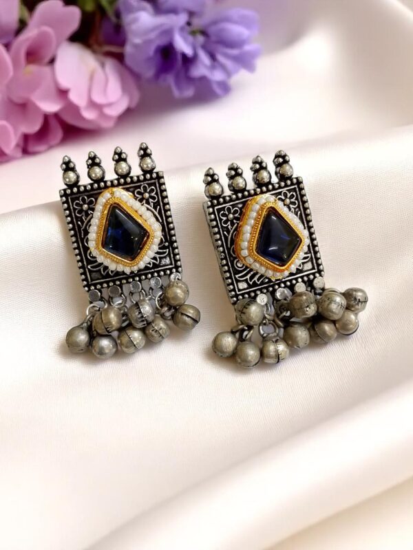 Blue Stone Oxidised Earrings with Ghungroo