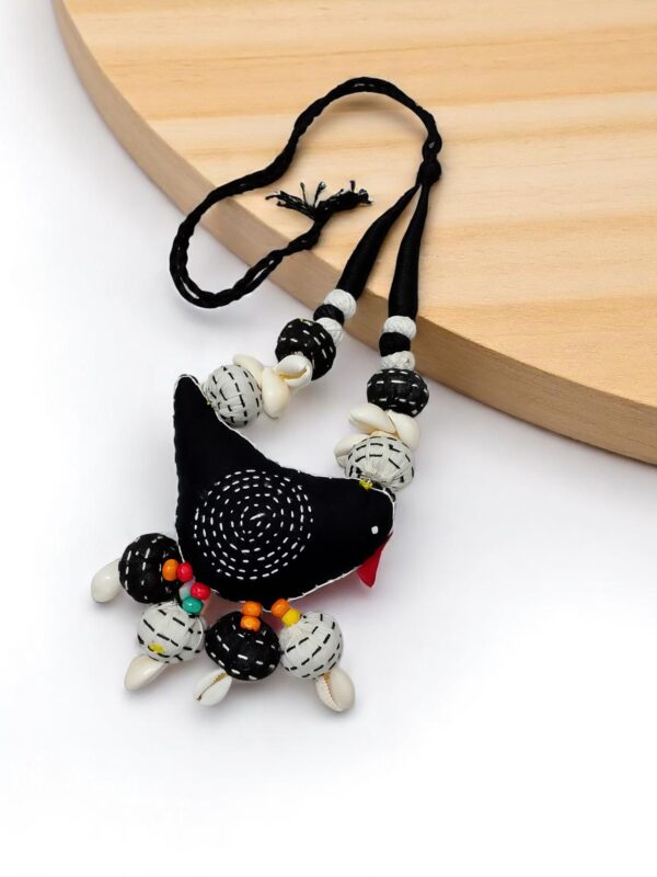Colorful Handcrafted Fabric Black Bird Necklace & Earring Set - Image 3