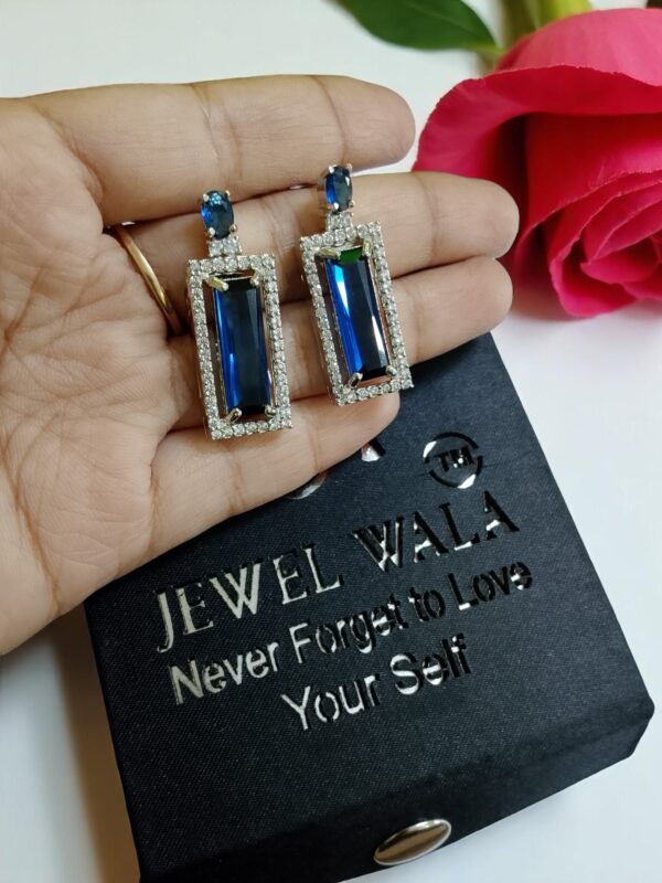 Elegant Blue AD Necklace with Earrings | Rectangular Pendant Set | American Diamond Jewelry - Image 3